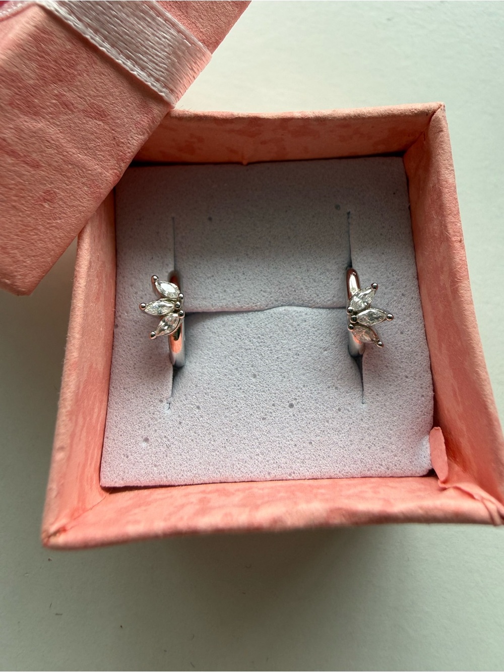 Sterling Silver Marquise Floral CZ Hoop Huggie Earrings